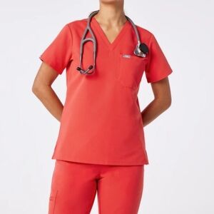 Figs Catarina One Pocket Scrub Top XS Hibiscus Coral Orange